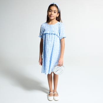 فستان أزرق بكشكشة مطبوع عليه للفتيات 